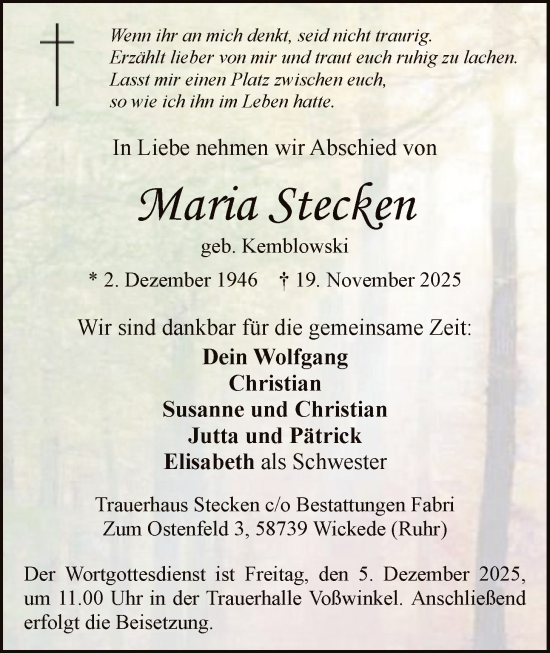 Traueranzeige von Maria Stecken von HASK