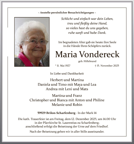 Traueranzeige von Maria Vondereck von HASK