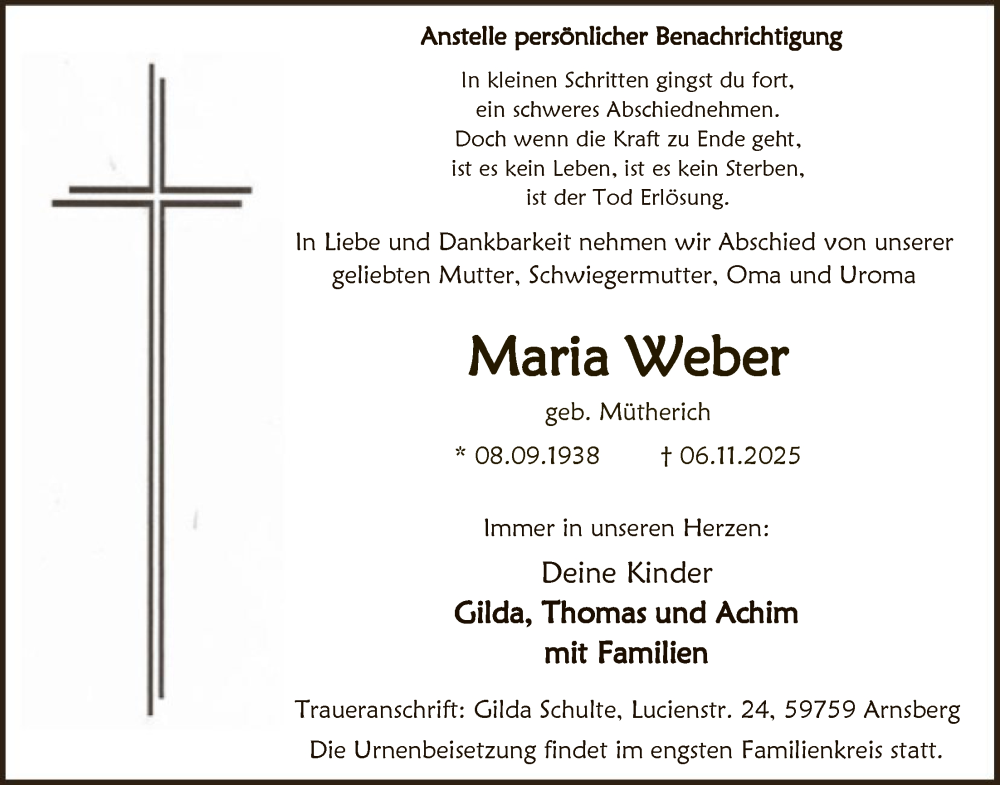  Traueranzeige für Maria Weber vom 15.11.2025 aus HASK
