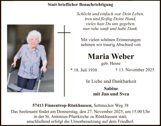 Traueranzeige von Maria Weber von HASK