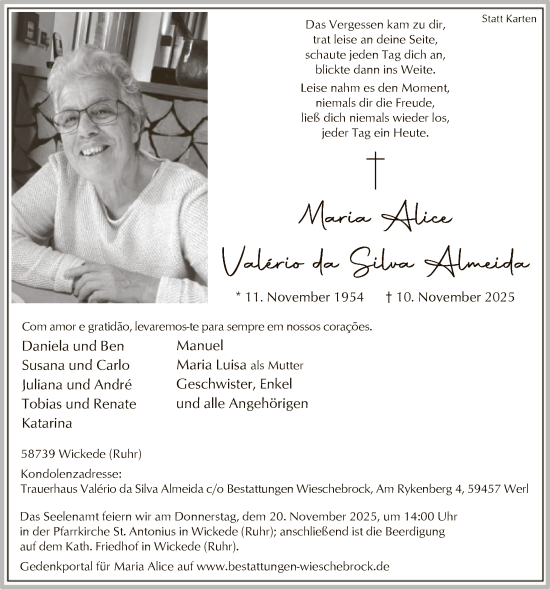 Traueranzeige von Maria Alice Valério da Silva Almeida von HASO