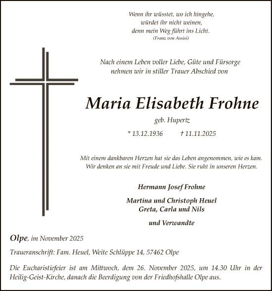 Traueranzeige von Maria Elisabeth Frohne von HASK