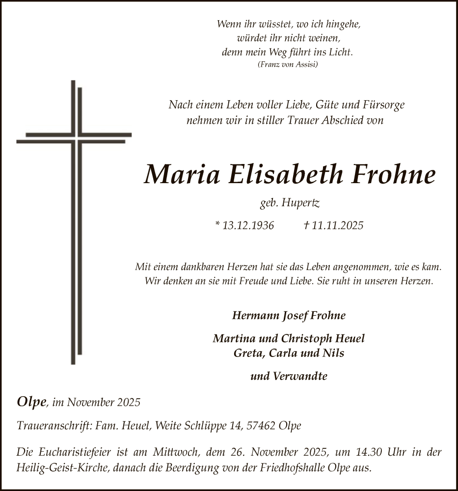  Traueranzeige für Maria Elisabeth Frohne vom 15.11.2025 aus HASK
