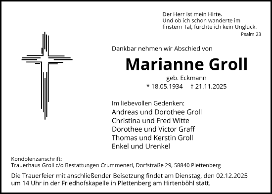 Traueranzeige von Marianne Groll von HALN