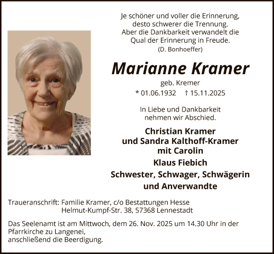 Traueranzeige von Marianne Kramer von HASK