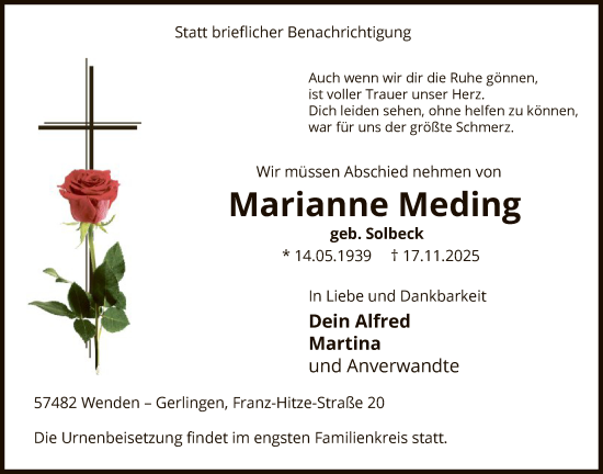 Traueranzeige von Marianne Meding von HASK