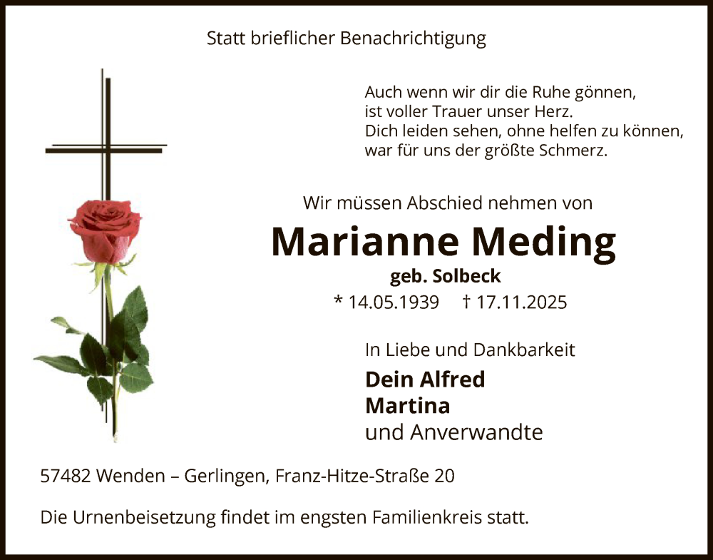  Traueranzeige für Marianne Meding vom 22.11.2025 aus HASK