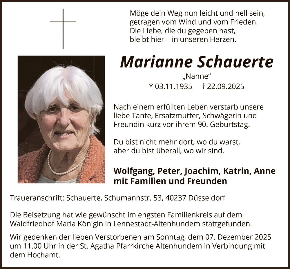  Traueranzeige für Marianne Schauerte vom 29.11.2025 aus HASK
