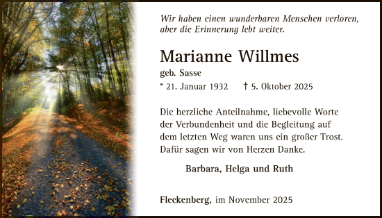 Traueranzeige von Marianne Willmes von HASK