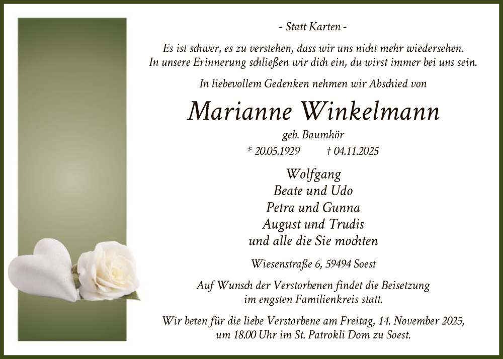  Traueranzeige für Marianne Winkelmann vom 08.11.2025 aus HASO