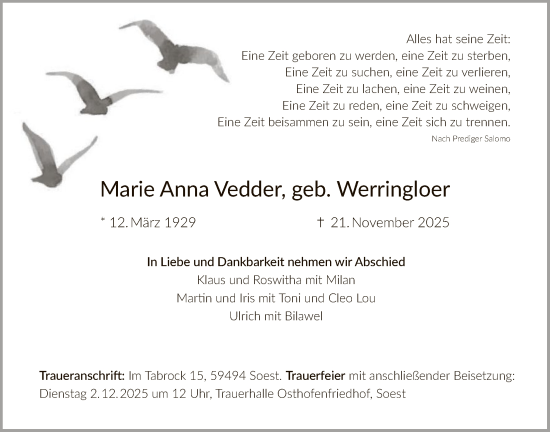 Traueranzeige von Marie Anna Vedder von HASO