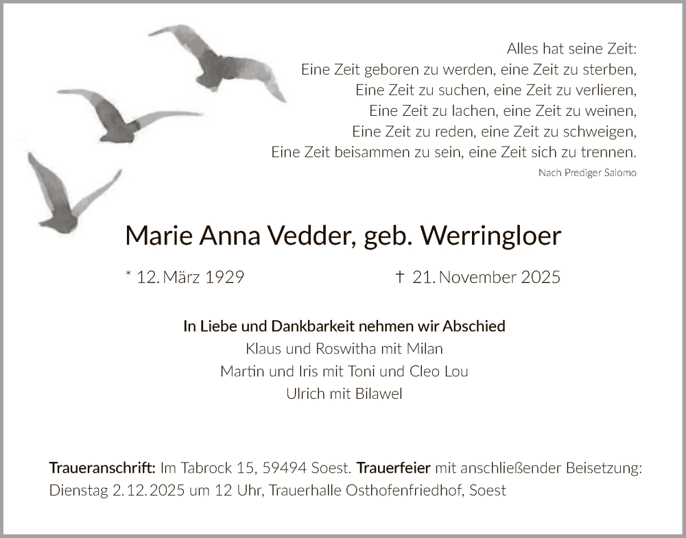  Traueranzeige für Marie Anna Vedder vom 29.11.2025 aus HASO