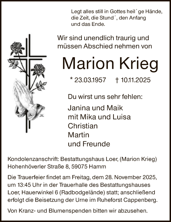 Traueranzeige von Marion Krieg von HAWA