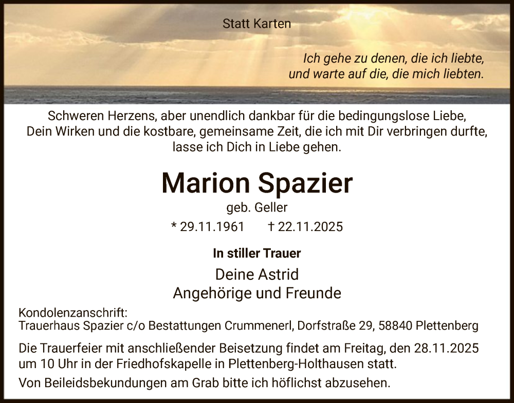  Traueranzeige für Marion Spazier vom 26.11.2025 aus HALN