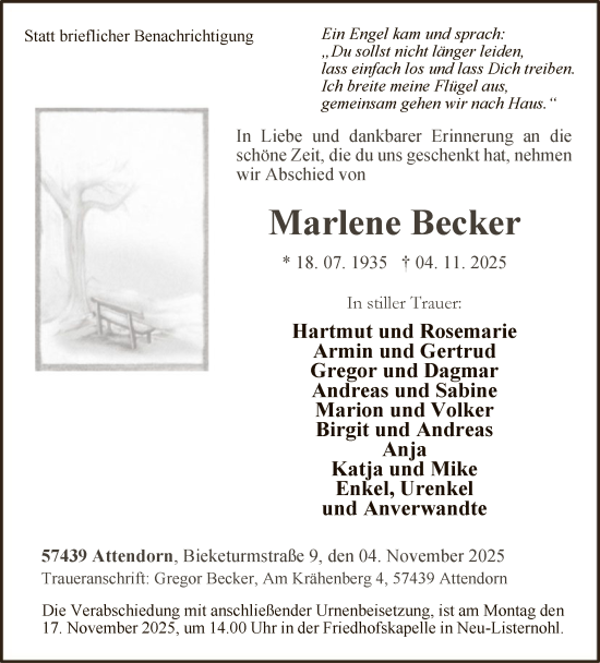 Traueranzeige von Marlene Becker von HASK