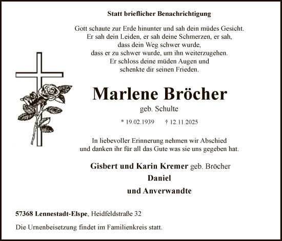Traueranzeige von Marlene Bröcher von HASK
