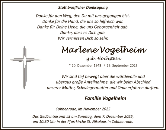 Traueranzeige von Marlene Vogelheim von HASK