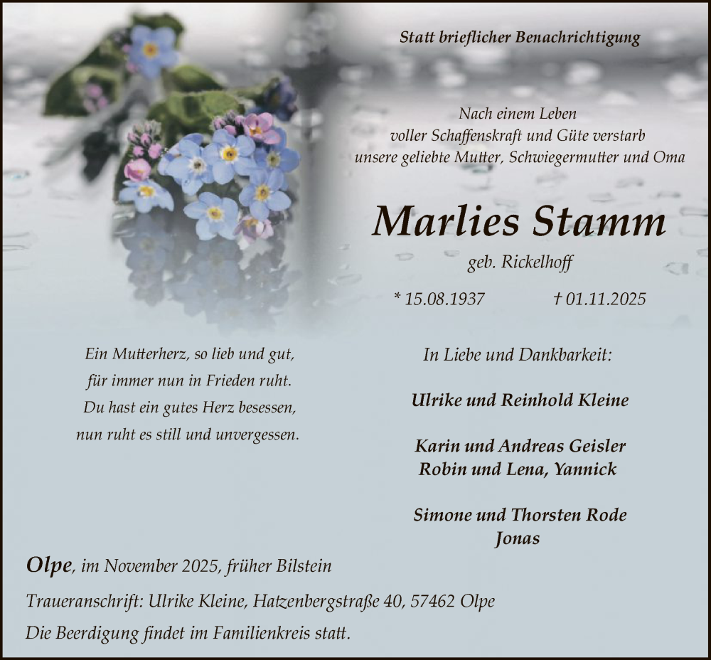  Traueranzeige für Marlies Stamm vom 08.11.2025 aus HASK