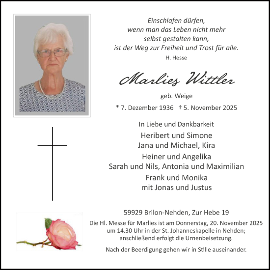 Traueranzeige von Marlies Wittler von HASK