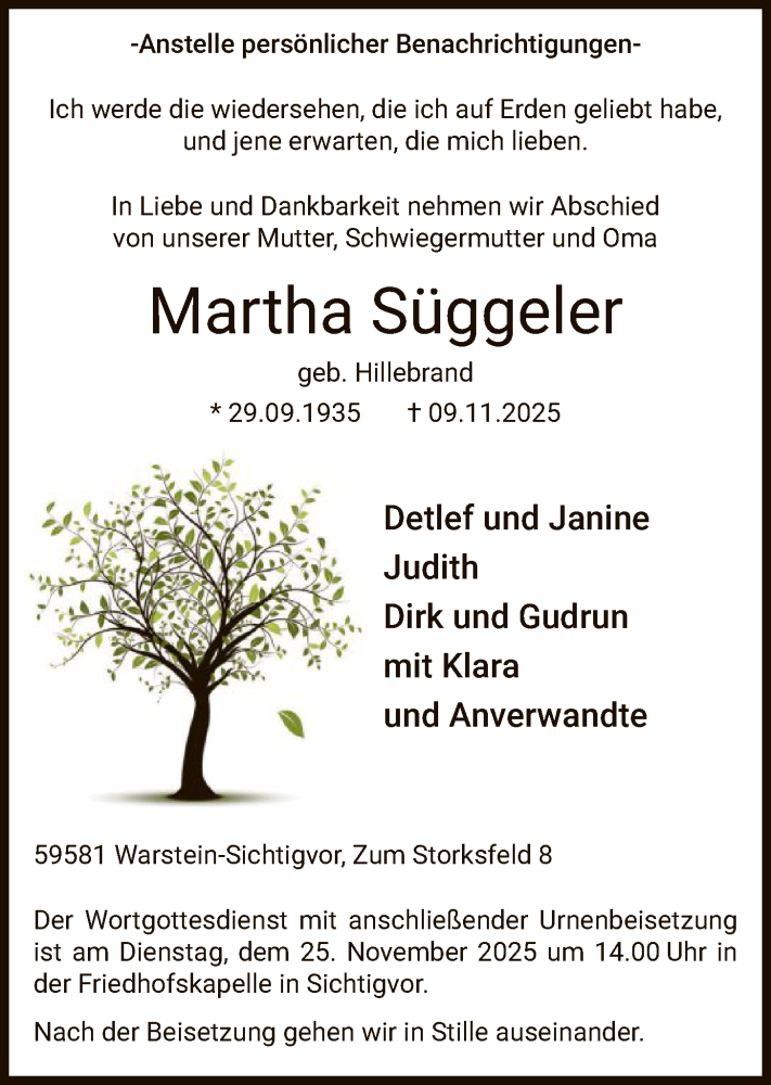  Traueranzeige für Martha Süggeler vom 15.11.2025 aus HASO