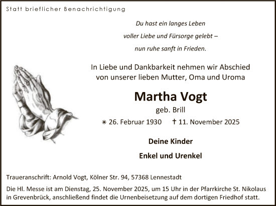 Traueranzeige von Martha Vogt von HASK