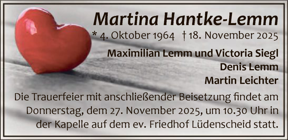  Traueranzeige für Martina Hantke-Lemm vom 22.11.2025 aus HALN