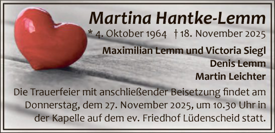 Traueranzeige von Martina Hantke-Lemm von HALN