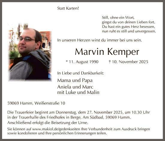 Traueranzeige von Marvin Kemper von HAWA