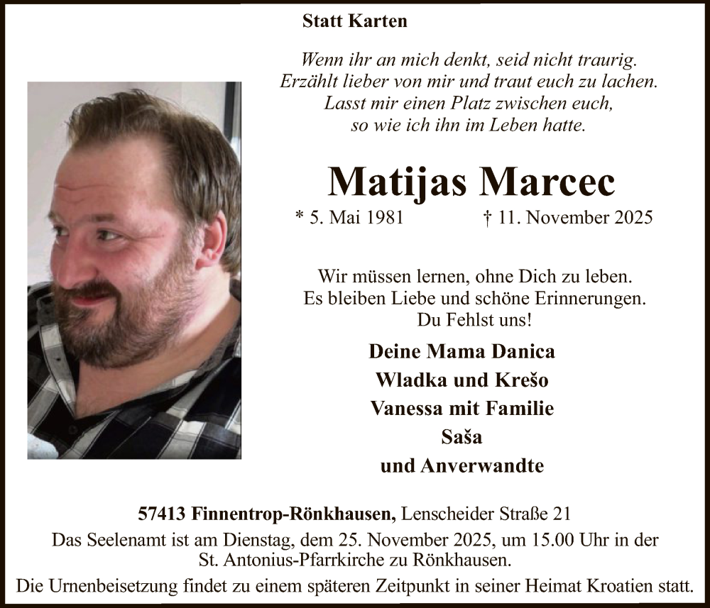 Traueranzeige für Matijas Marcec vom 22.11.2025 aus HASK
