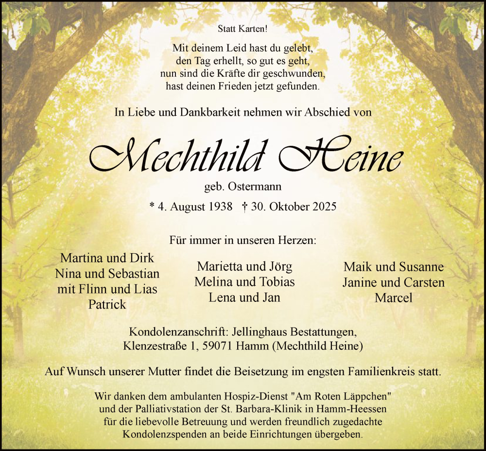 Traueranzeige für Mechthild Heine vom 05.11.2025 aus HAWA