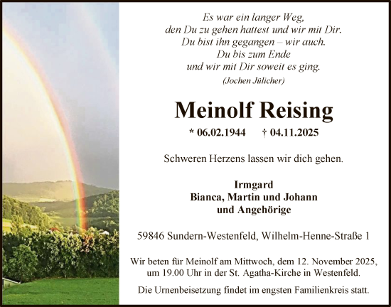 Traueranzeige von Meinolf Reising von HASK