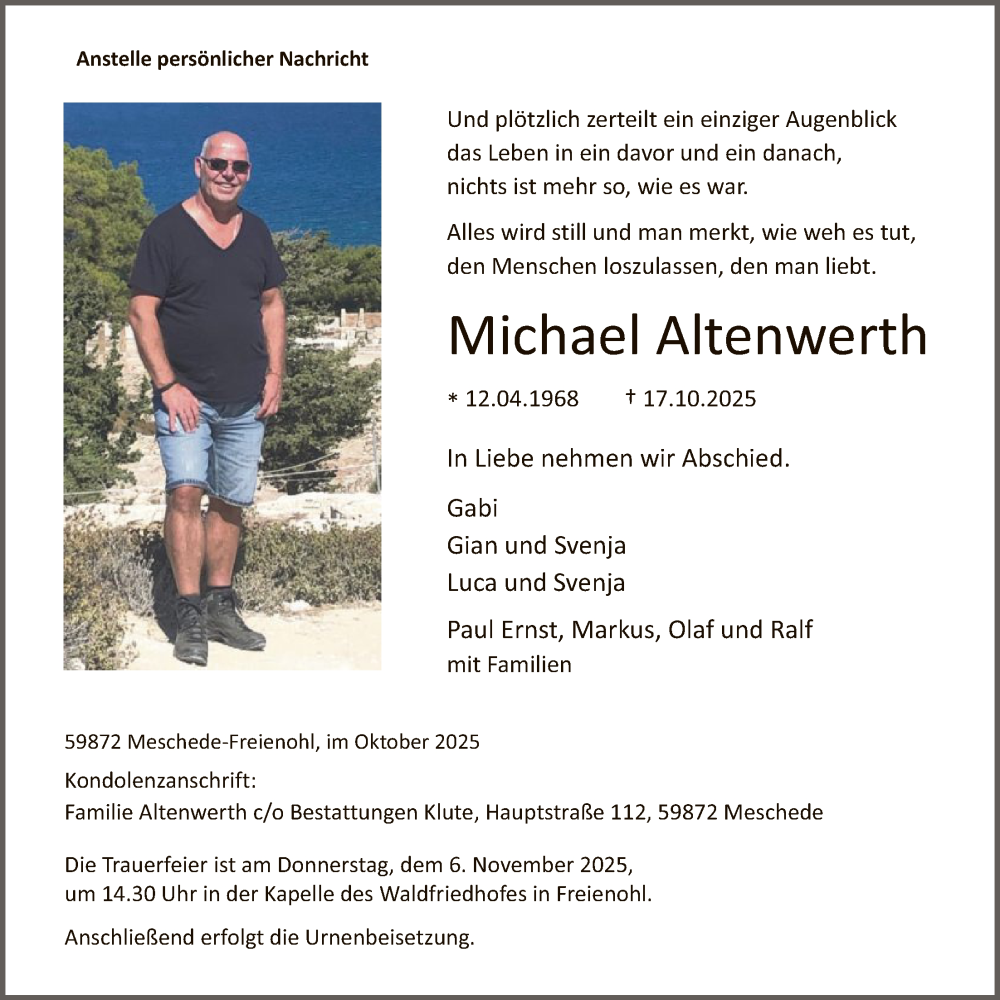  Traueranzeige für Michael Altenwerth vom 31.10.2025 aus HASK