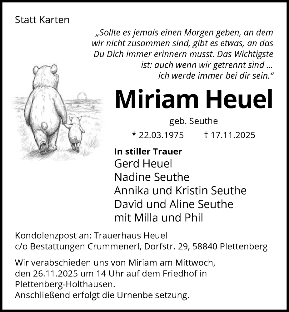  Traueranzeige für Miriam Heuel vom 22.11.2025 aus HALN