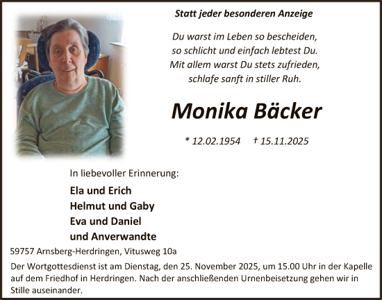 Traueranzeige von Monika Bäcker von HASK