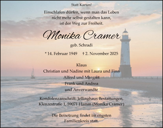Traueranzeige von Monika Cramer von HAWA