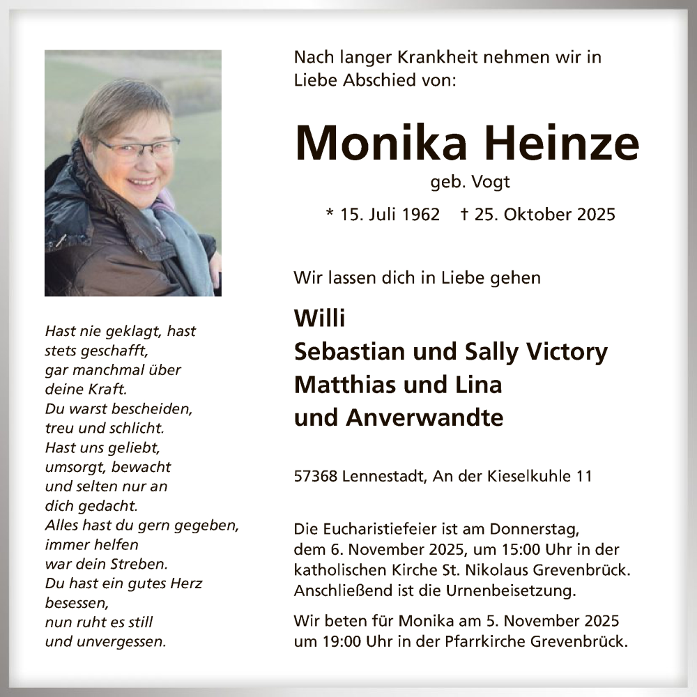  Traueranzeige für Monika Heinze vom 31.10.2025 aus HASK