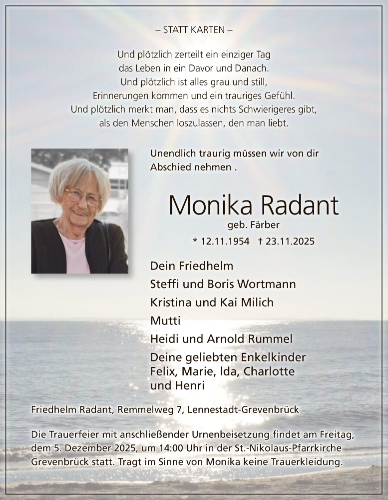  Traueranzeige für Monika Radant vom 29.11.2025 aus HASK