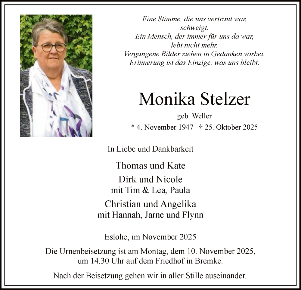  Traueranzeige für Monika Stelzer vom 31.10.2025 aus HASK