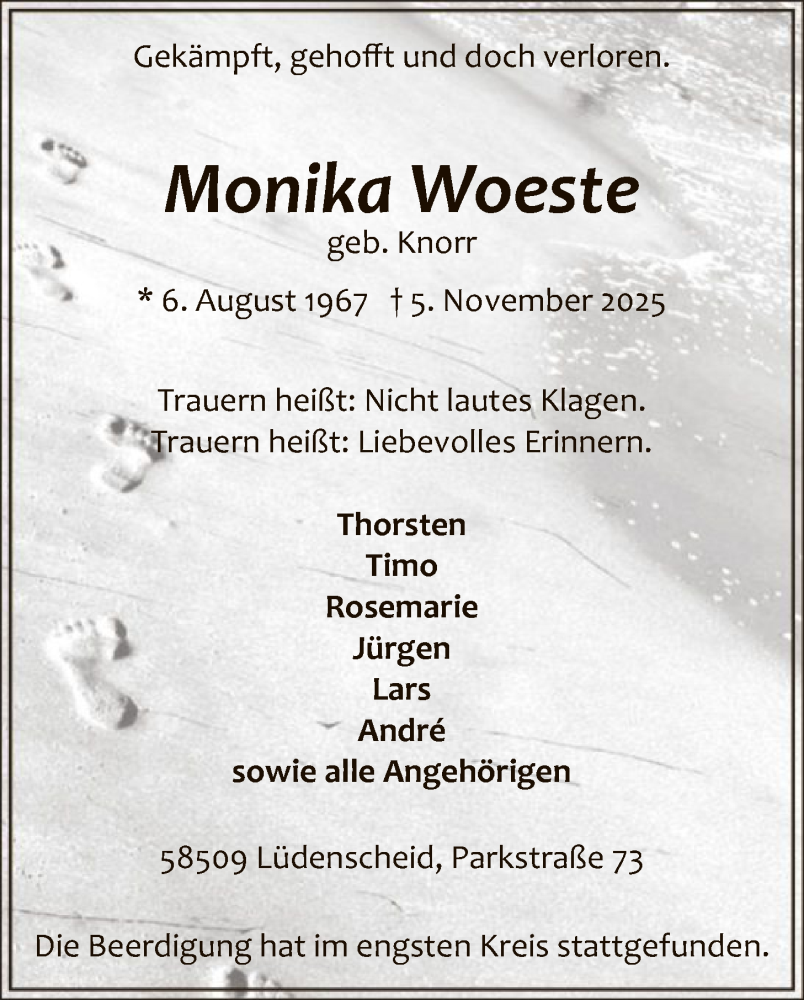  Traueranzeige für Monika Woeste vom 15.11.2025 aus HALN