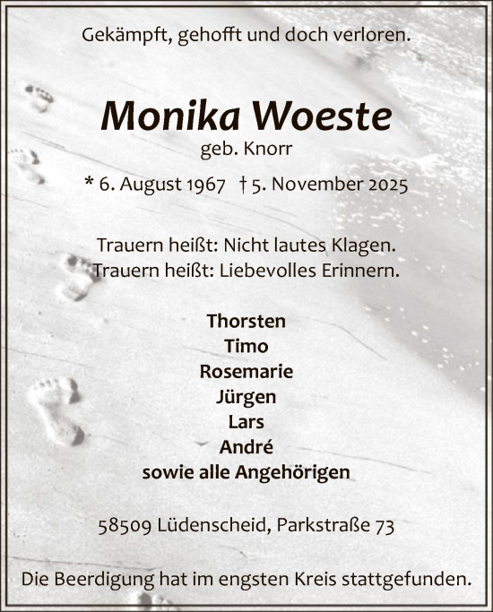 Traueranzeige von Monika Woeste von HALN