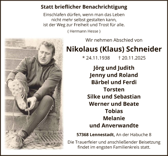 Traueranzeige von Nikolaus Schneider von HASK