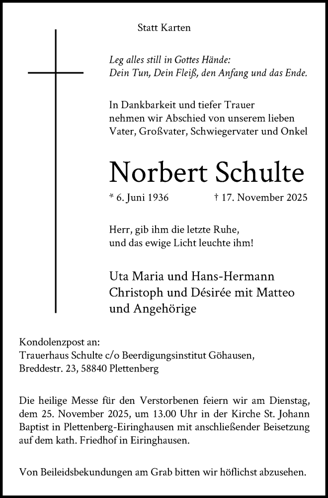  Traueranzeige für Norbert Schulte vom 22.11.2025 aus HALN