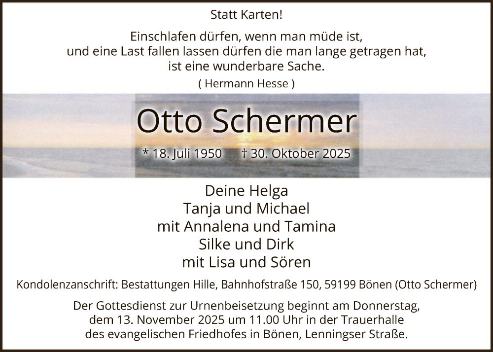  Traueranzeige für Otto Schermer vom 08.11.2025 aus HAWA