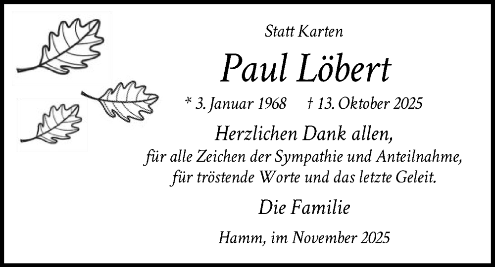  Traueranzeige für Paul Löbert vom 22.11.2025 aus HAWA