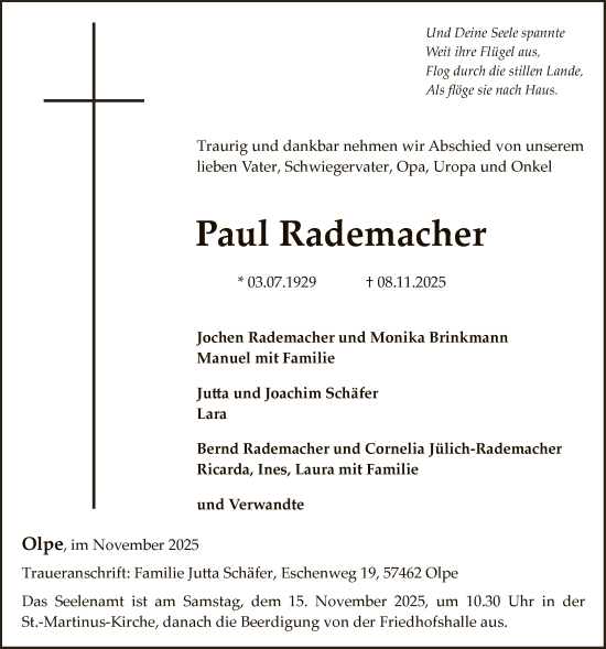 Traueranzeige von Paul Rademacher von HASK
