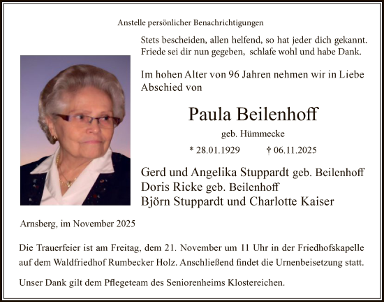 Traueranzeige von Paula Beilenhoff von HASK