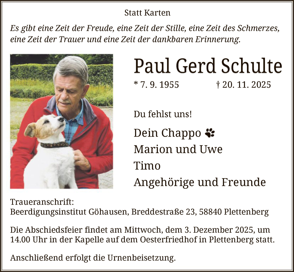  Traueranzeige für Paul Gerd Schulte vom 29.11.2025 aus HALN