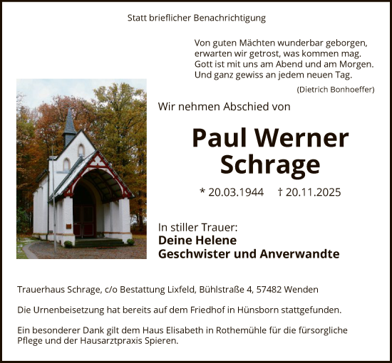Traueranzeige von Paul Werner Schrage von HASK