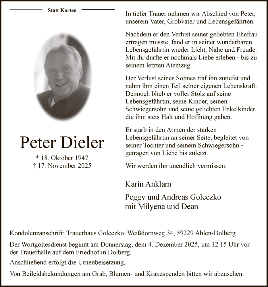 Traueranzeige für Peter Dieler vom 22.11.2025 aus HAWA