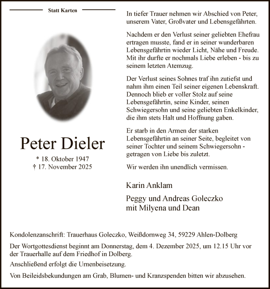 Traueranzeige von Peter Dieler von HAWA